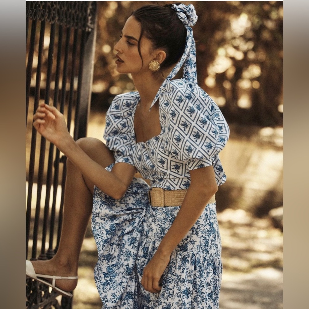 Caroline Constas Tessa Crop Top Blue Diamond Toile